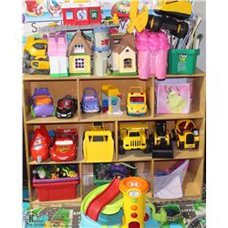 KIDS ROOM-WOOD SHELF WITH CONENTS OF TOYS AND