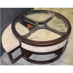 ROUND COFFEE TABLE WITH STOOLS STORED UNDER TOP