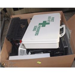 LARGE BOX OF OFFICE FILE TRAYS, BINDERS,