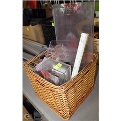 WICKER BASKET OF ASSORTED OFFICE STORAGE