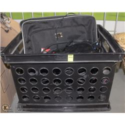 BLACK TOTE OF ASSORTED OFFICE SUPPLIES INCL