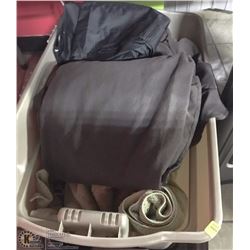 LARGE TOTE WITH CURTAINS AND ASSORTED LINENS