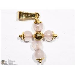 10KT YELLOW GOLD ROSE QUARTZ CROSS PENDANT