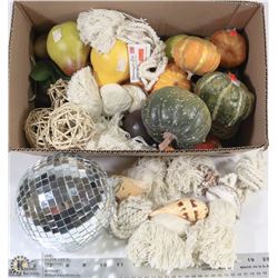 BOX OF HOME DECOR INCLUDING DISCO BALL, SEA SHELLS