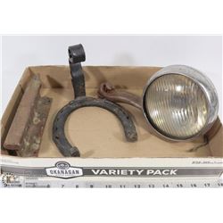 FLAT OF VINTAGE ANVIL, CAR HEADLIGHT, CAST IRON