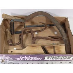 FLAT OF VINTAGE HOOKS, SCYTHE, CABBAGE.