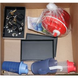 BOX W/ TUPPERWARE, FASHION JEWELLERY AND 2 BOXES.