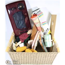SQUARE BASKET WITH UNUSED VINTAGE COLLECTIBLES