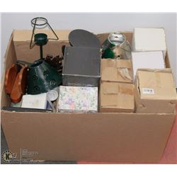 BOX OF ASSORTED ORNAMENTS, CANDLE HOLDERS, CANDLES