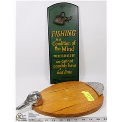 PEWTER DUCK CUTTING BOARD WITH FISHERMANS PLAQUE