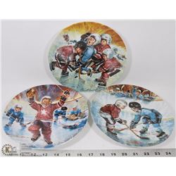 3 HOCKEY COLLECTOR PLATES, "THE PILE UP", "THE