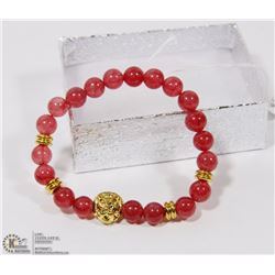 #75-RED RUBY BEAD BRACELET LION HEAD  7.5"