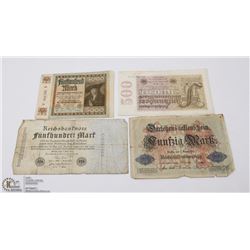 FOUR GERMAN WWI BANK NOTES INCL 500 MARK 1922, 50