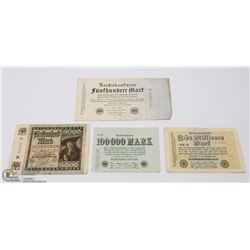 FOUR GERMAN WWI BANK NOTES INCL 500 MARK 1922,