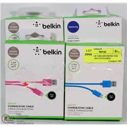 BUNDLE OF 4 BELKIN MICRO USB CABLES - MULTICOLORED