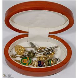 TEAK BOX FILLED WITH STICK PIN BROOCHES