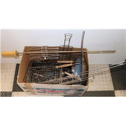 BOX OF BBQ +OPEN FIRE TOOLS - ROASTING PAN, TONGS