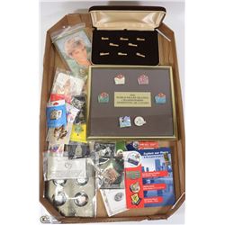 FLAT OF PINS SOME SEALED BEATLES, GREY CUP