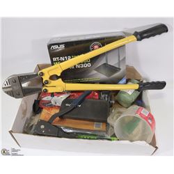 FLAT OF ASSORTED TOOLS INC BOLT CUTTER, ROUTER,