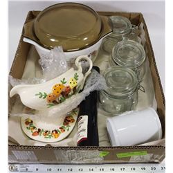 BOX W/PYREX CASSEROLE W/LID, CANISTERS,