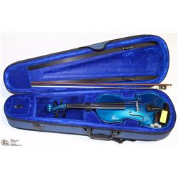 MENZEL BLUE VIOLIN WITH PICK UP BOW & CASE.