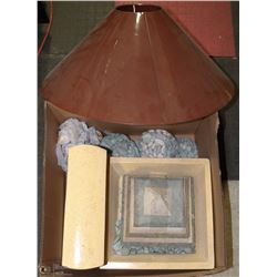 BOX WITH TWO LARGE LAMP SHADES, DECORATIVE ROCKS,