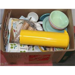 BOX OF ESTATE COLLECTIBLES INCL MISTRAL DISHES &