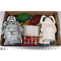 FLAT OF ASIAN ITEMS INCLUDING BUDDHA STATUES AND