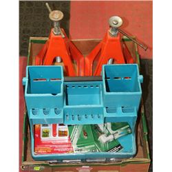 FLAT W/ 2 JACK STANDS AND TOOL BOX.
