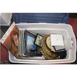 TOTE WITH BRASS DECORATIVE PLATTERS, RECORDS,