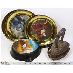 BOX WITH PAINTED CAST IRON FRYING PAN, VINTAGE