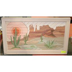 WOOD DESERT SCENE ON PAINTED WOOD, FRAMED. 35.5X21