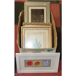 BOX OF ASSORTED FRAMED PICTURES.