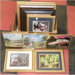 BOX OF ASSORTED FRAMED PICTURES.