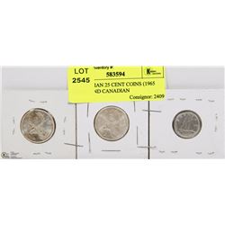 2 CANADIAN SILVER 25 CENT COINS (1965 &1966) AND