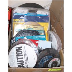 BOX OF MITRE SAW BLADES, DADO BLADES & LOTS OF