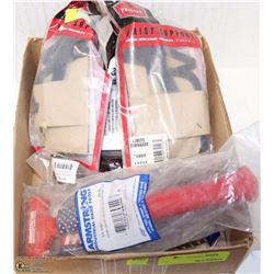 LOT OF MISC. GOODS INCLUDING SMALL MALLET + WRIST-