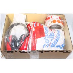 LOT WITH NEW EARMUFFS + 1" RED + ORANGE STICKERS