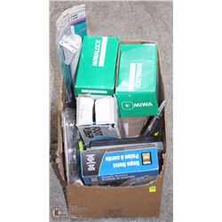 BOX FULL OF ASSORTED TOOLS + BITS + BIKE LIGHT SET