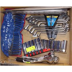 FLAT OF VARIOUS WRENCHES + SOCKETS + HEX KEY SET