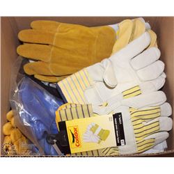 LARGE BOX OF NEW GLOVES INCL WELDING, LEATHER.