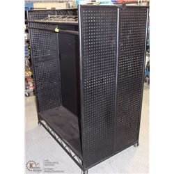 HEAVY DUTY ROLLING RACK WITH SHELVING ON ONE SIDE