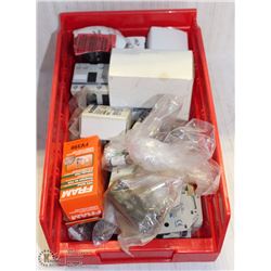 BIN OF ELECTRICAL GOODS INCL. FUSES, TIMERS + MORE