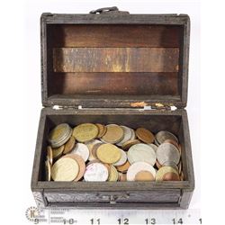 TREASURE BOX FULL OF WORLD COINS.