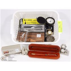 ONE LOT OF DESK PENS, CLOCKS & COLLECTIBLES.