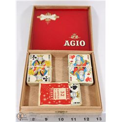 CIGAR BOX WITH 3 SETS OF TAROT CARDS.