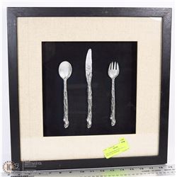16X16 SHADOWBOX PICTURE OF ORNATE SILVERWARE.