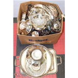 LARGE BOX OF ASSORTED SILVER PLATED ITEMS INCL TEA