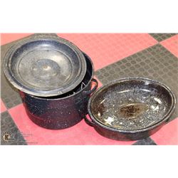 2 ENAMEL COOKING UTENSILS, INCL LARGE CANNER POT