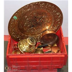 TOTE OF ASSORTED BRASS & COPPER ITEMS INCL LARGE